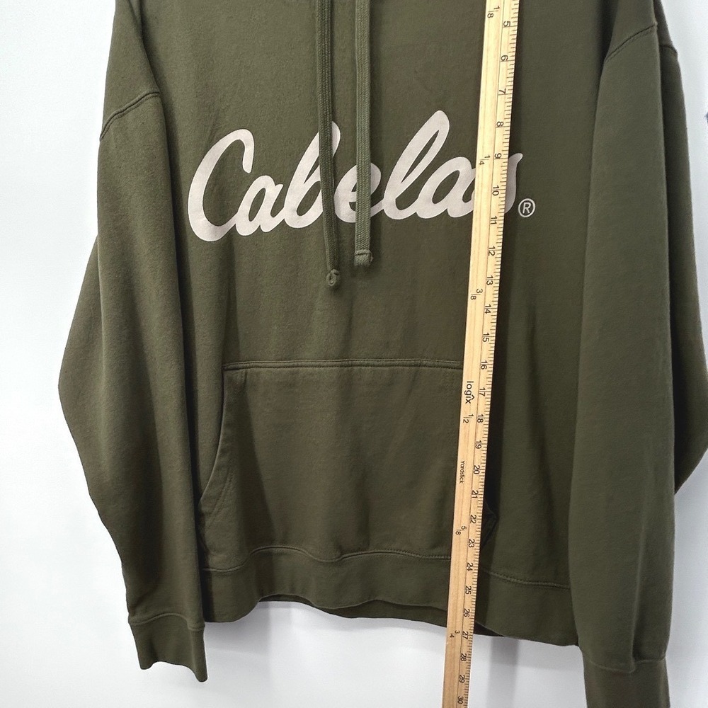 Cabelas Mens XL Olive Green Script Logo Pullover Hoodie Sweatshirt Relaxed Fit - Picture 6 of 6